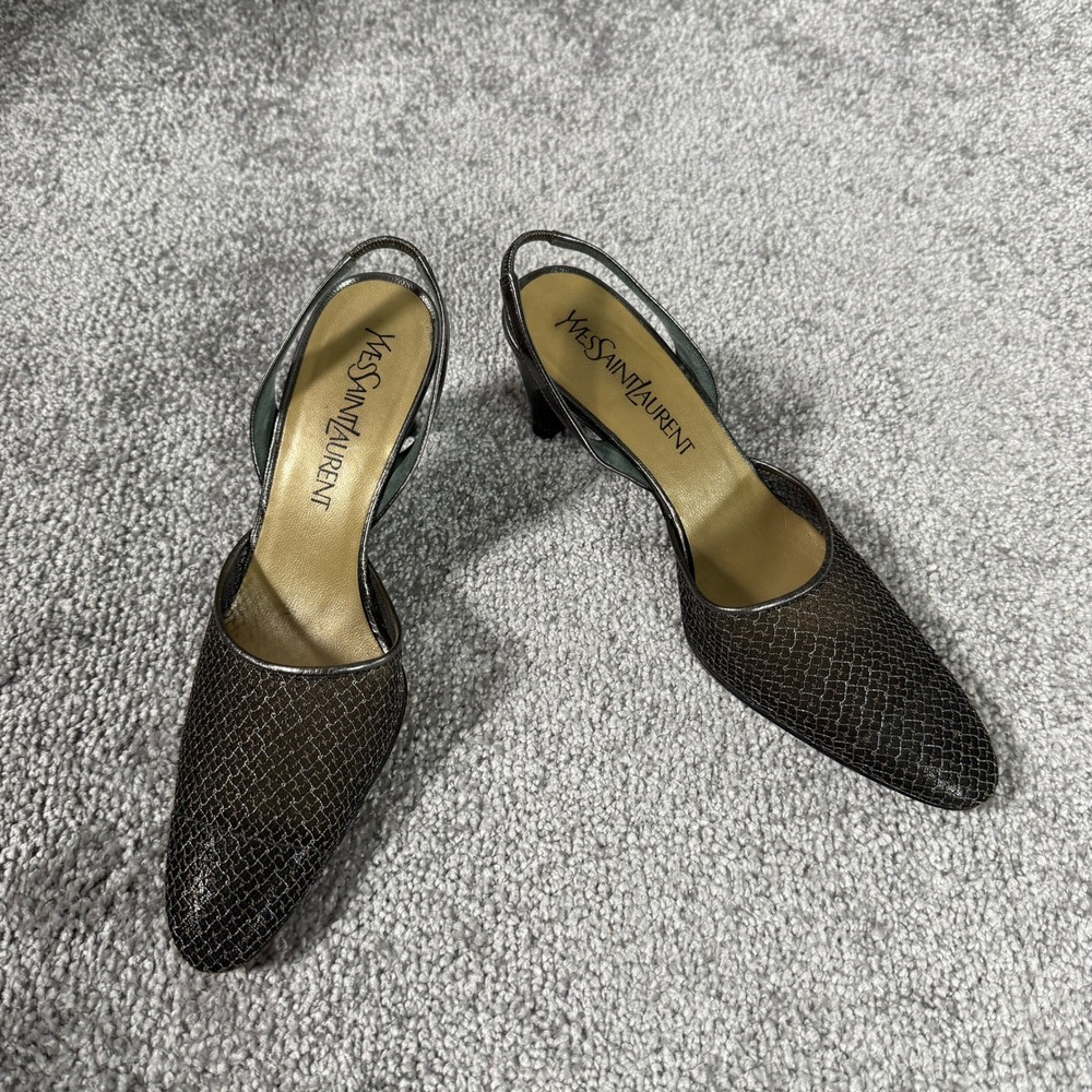 Yves Saint Laurent Vintage 90s Bronze Metallic Mesh Slingback Heels 6M Classic